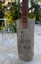 Upcycled Military Tent Canvas Wine Bag: Rustic Leather Carrier - DharmaObjects