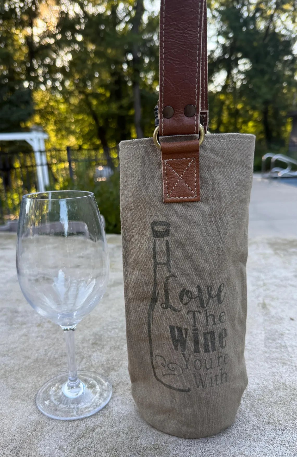 Upcycled Military Tent Canvas Wine Bag: Rustic Leather Carrier - DharmaObjects