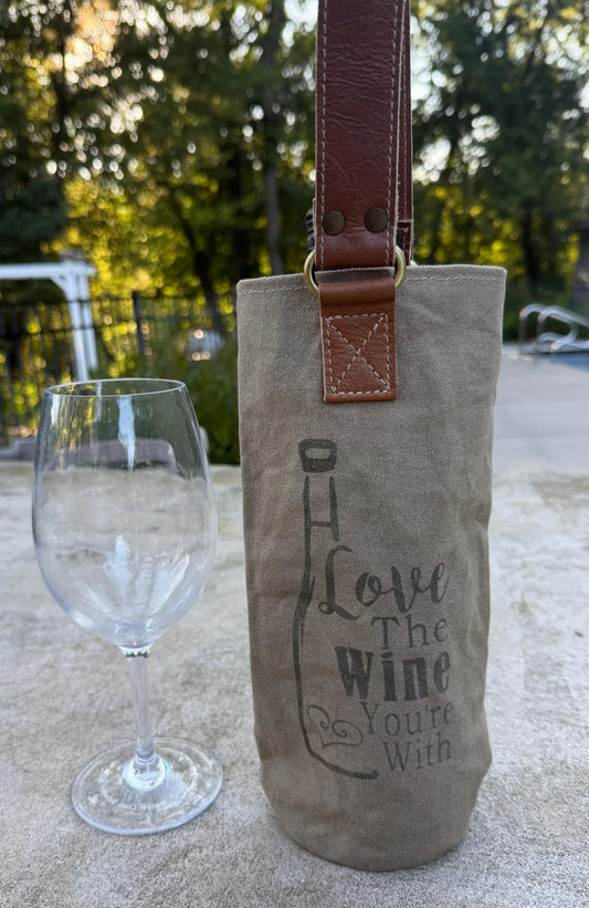 Upcycled Military Tent Canvas Wine Bag: Rustic Leather Carrier - DharmaObjects