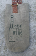 Upcycled Military Tent Canvas Wine Bag: Rustic Leather Carrier - DharmaObjects