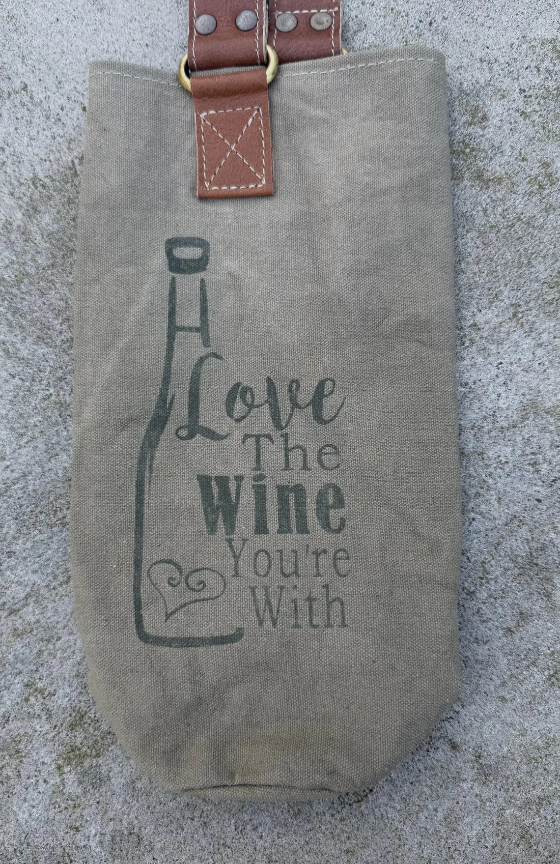 Upcycled Military Tent Canvas Wine Bag: Rustic Leather Carrier - DharmaObjects