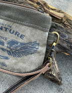 Recycled Military Canvas Wristlet: Rustic Adventure Clutch, Eco-Friendly Makeup Bag - DharmaObjects