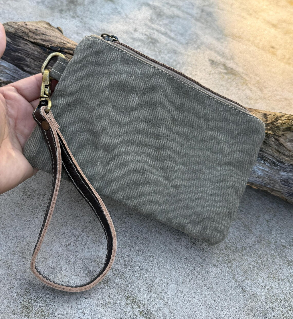Recycled Military Canvas Wristlet: Rustic Adventure Clutch, Eco-Friendly Makeup Bag - DharmaObjects