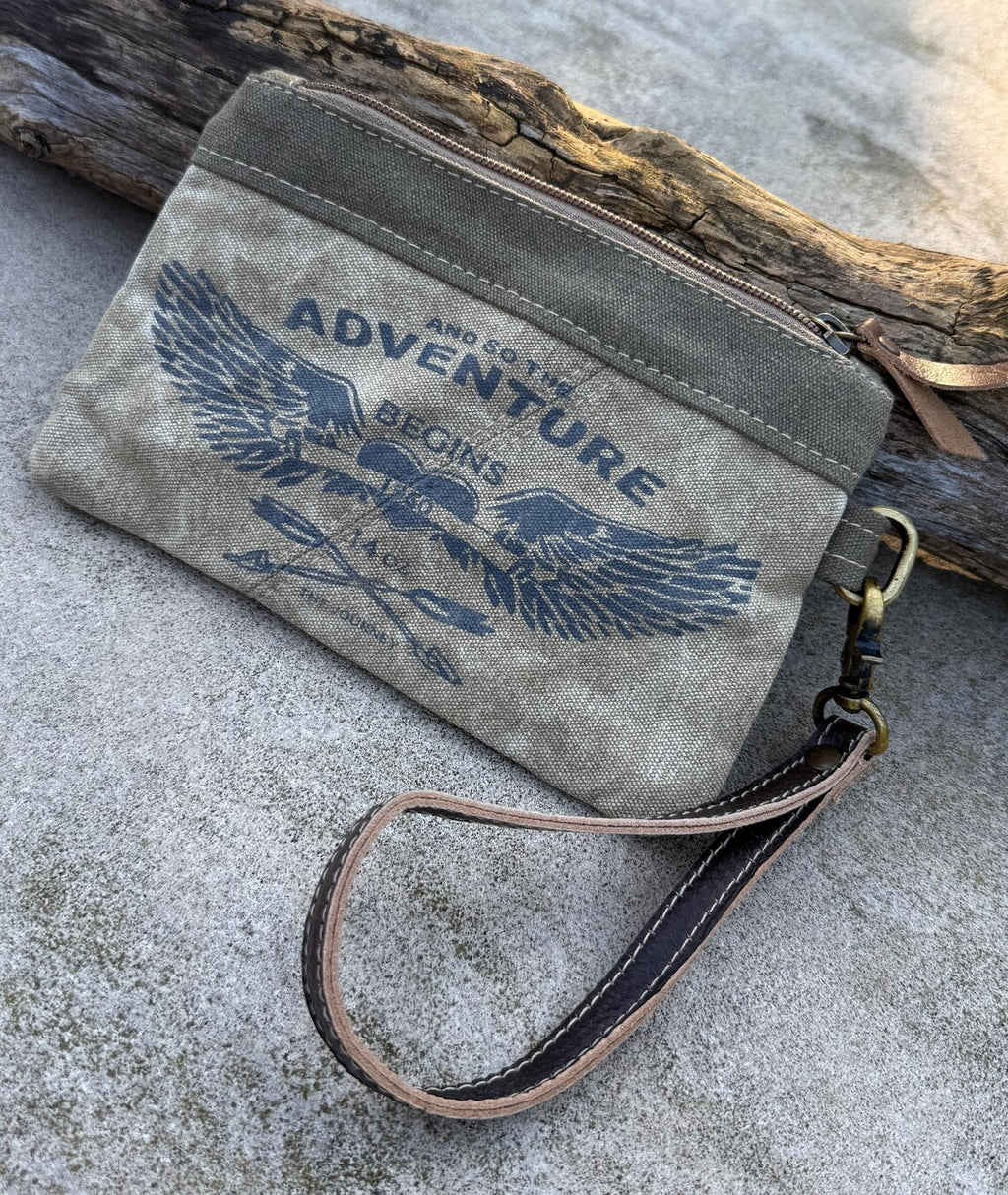 Recycled Military Canvas Wristlet: Rustic Adventure Clutch, Eco-Friendly Makeup Bag - DharmaObjects