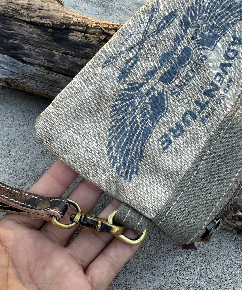 Recycled Military Canvas Wristlet: Rustic Adventure Clutch, Eco-Friendly Makeup Bag - DharmaObjects