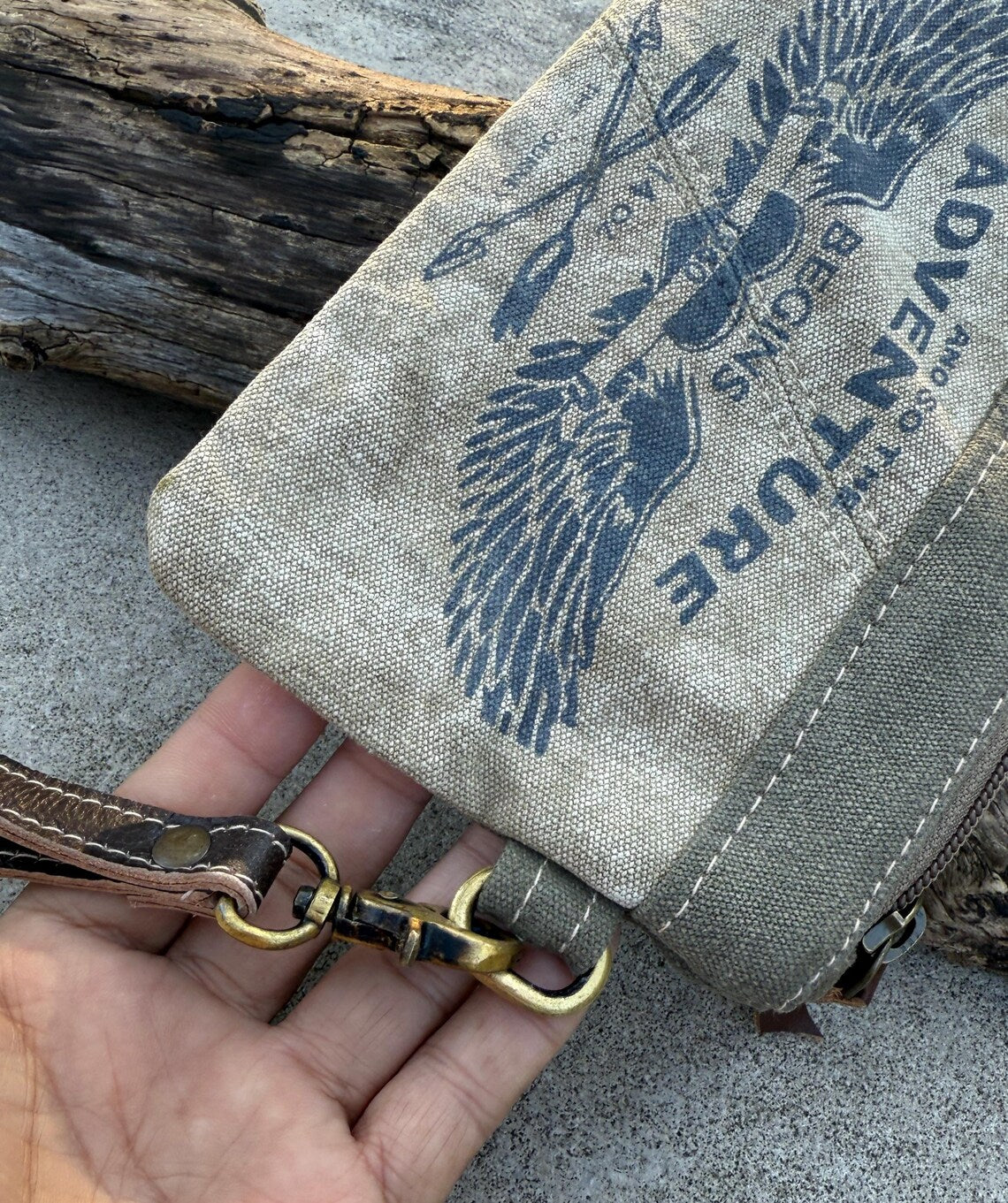 Recycled Military Canvas Wristlet: Rustic Adventure Clutch, Eco-Friendly Makeup Bag - DharmaObjects