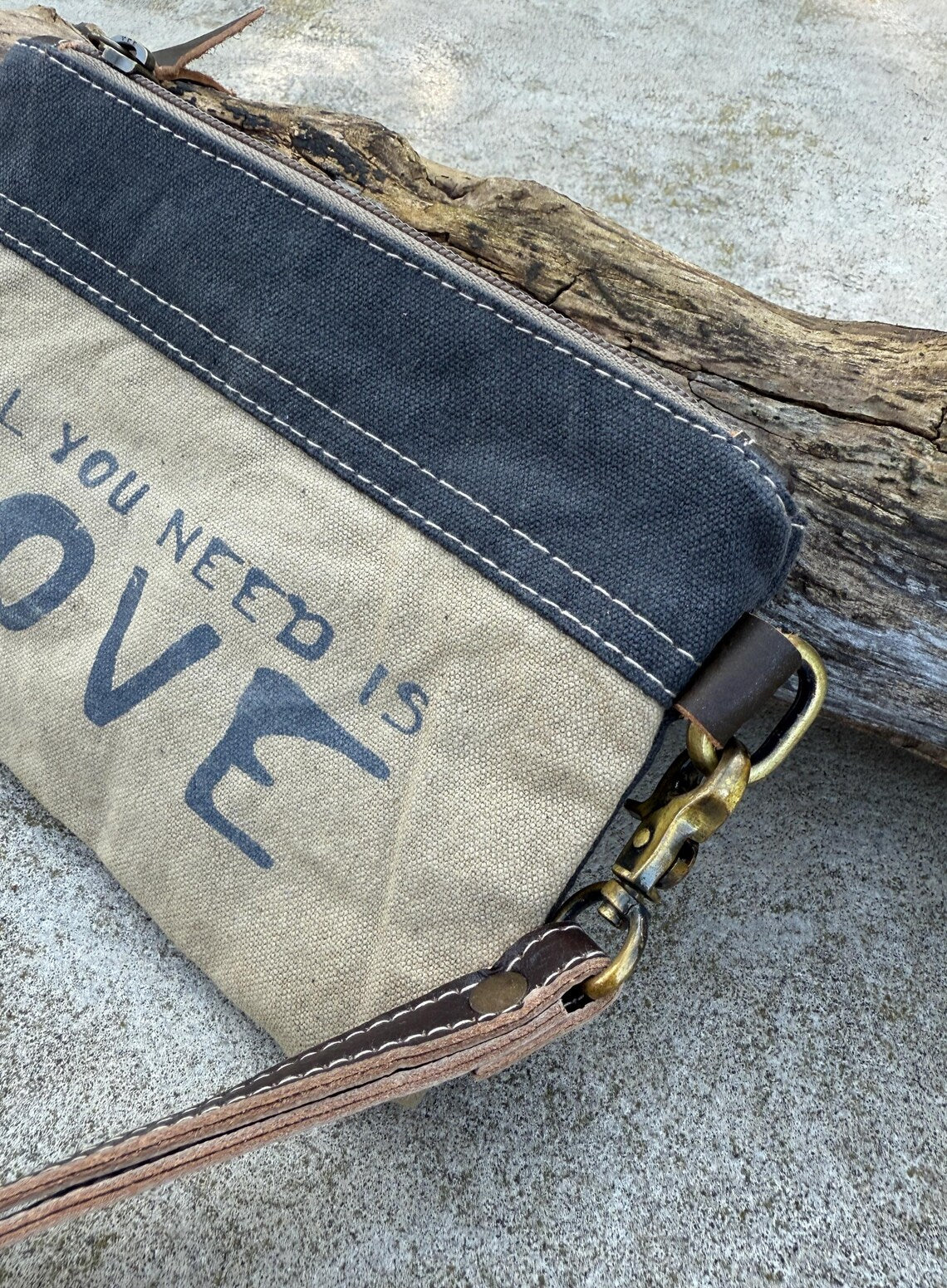 Recycled Military Canvas Wristlet: Vintage Clutch, Eco-Friendly Makeup Bag - DharmaObjects