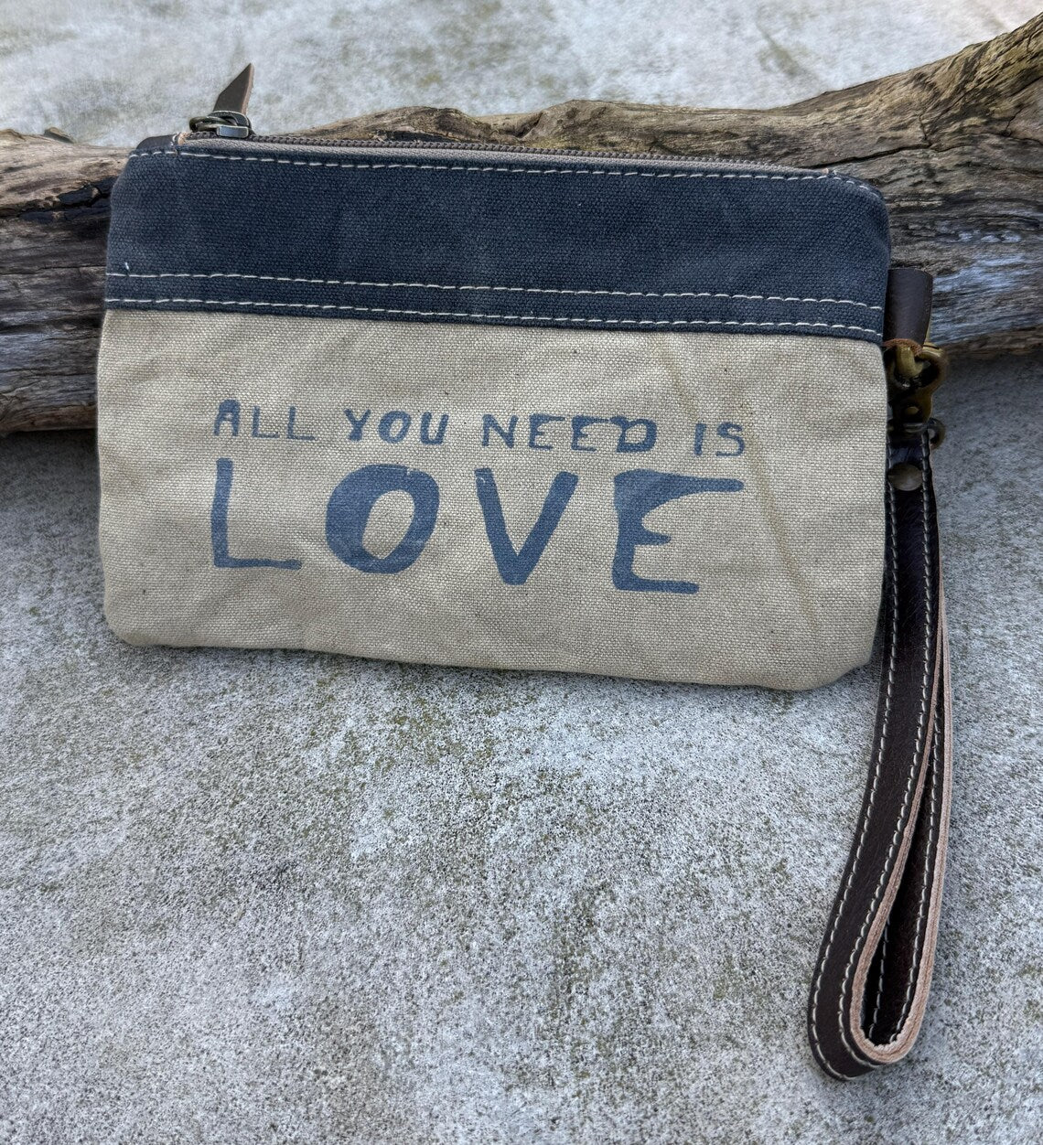 Recycled Military Canvas Wristlet: Vintage Clutch, Eco-Friendly Makeup Bag - DharmaObjects