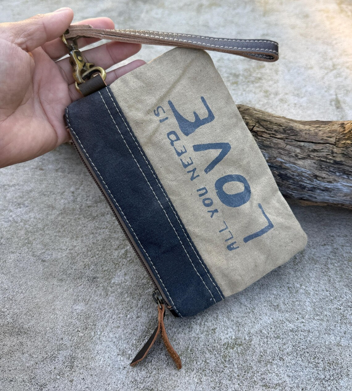Recycled Military Canvas Wristlet: Vintage Clutch, Eco-Friendly Makeup Bag - DharmaObjects