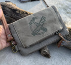 Recycled Military Canvas Wristlet: Vintage Star Clutch, Eco-Friendly Makeup Bag - DharmaObjects