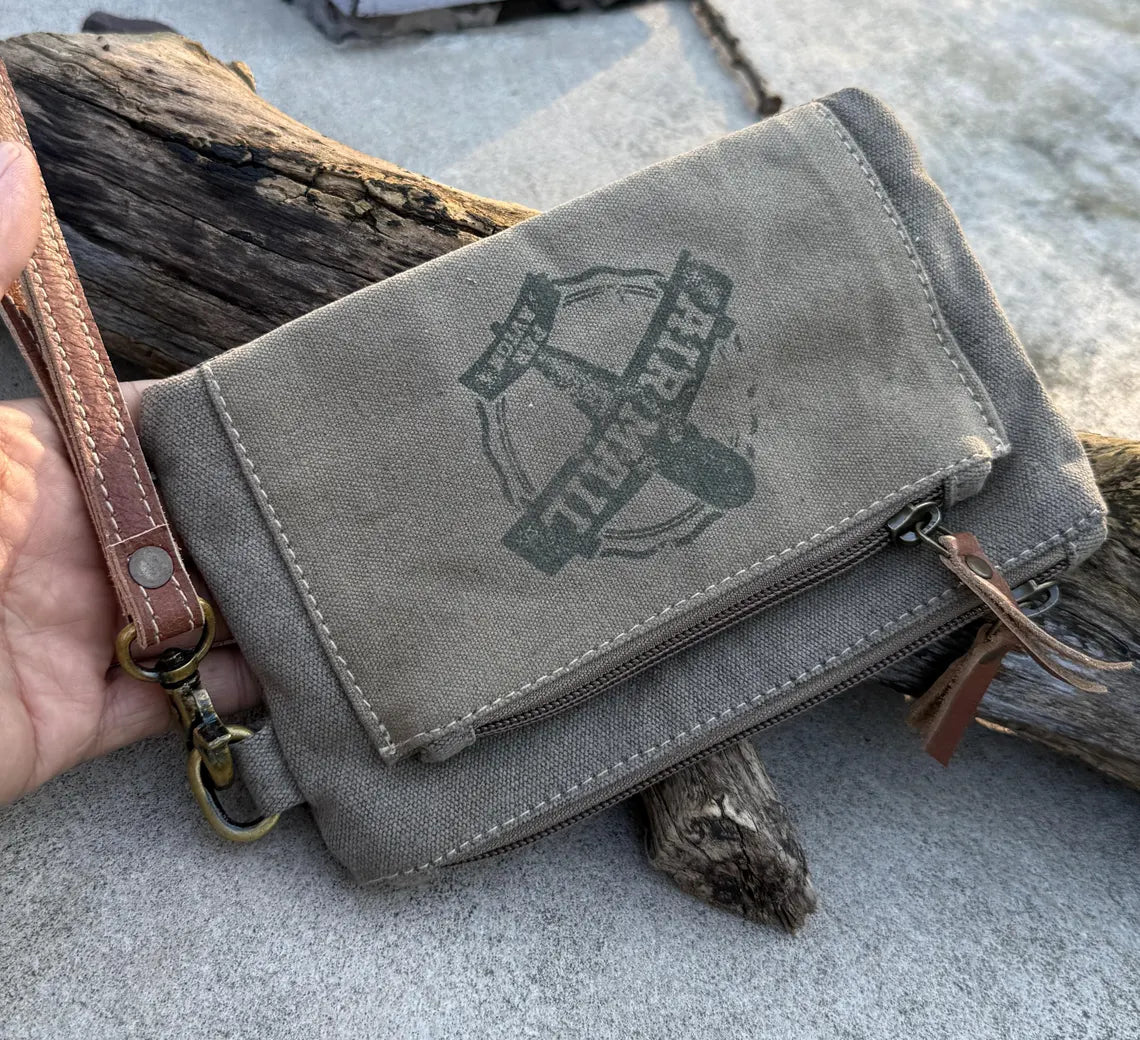 Recycled Military Canvas Wristlet: Vintage Star Clutch, Eco-Friendly Makeup Bag - DharmaObjects