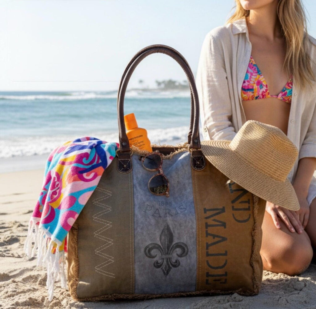 Recycled Military Tent Tote: Large Eco-Friendly Market Bag with Leather Accents - DharmaObjects