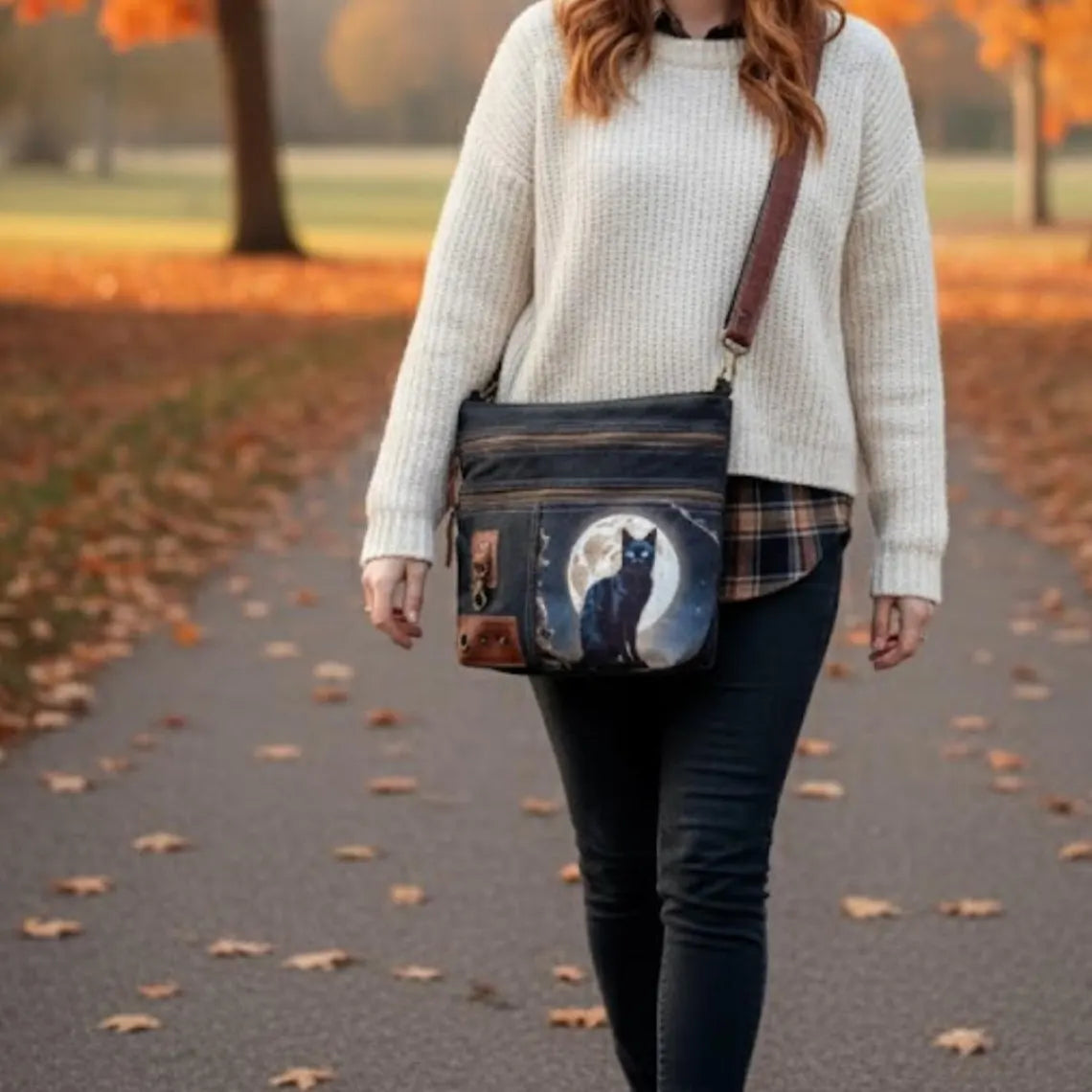 Repurposed Military Tent Moon Cat Crossbody Bag - DharmaObjects
