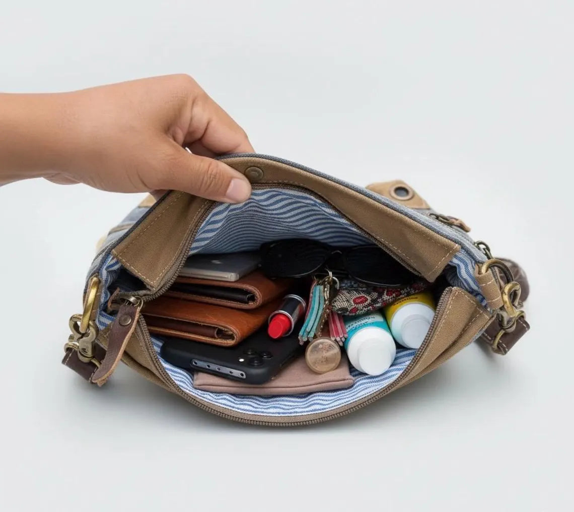 Repurposed Military Tent Crossbody Bag: Leather Trim & Brass Hardware - DharmaObjects