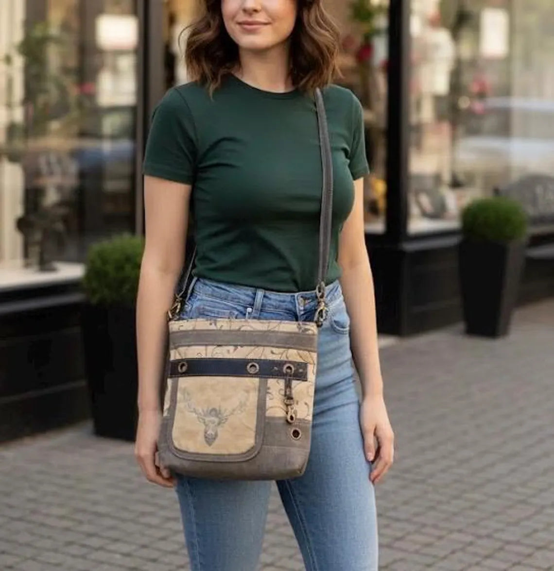 Repurposed Military Tent Crossbody Bag: Leather Trim & Brass Hardware - DharmaObjects