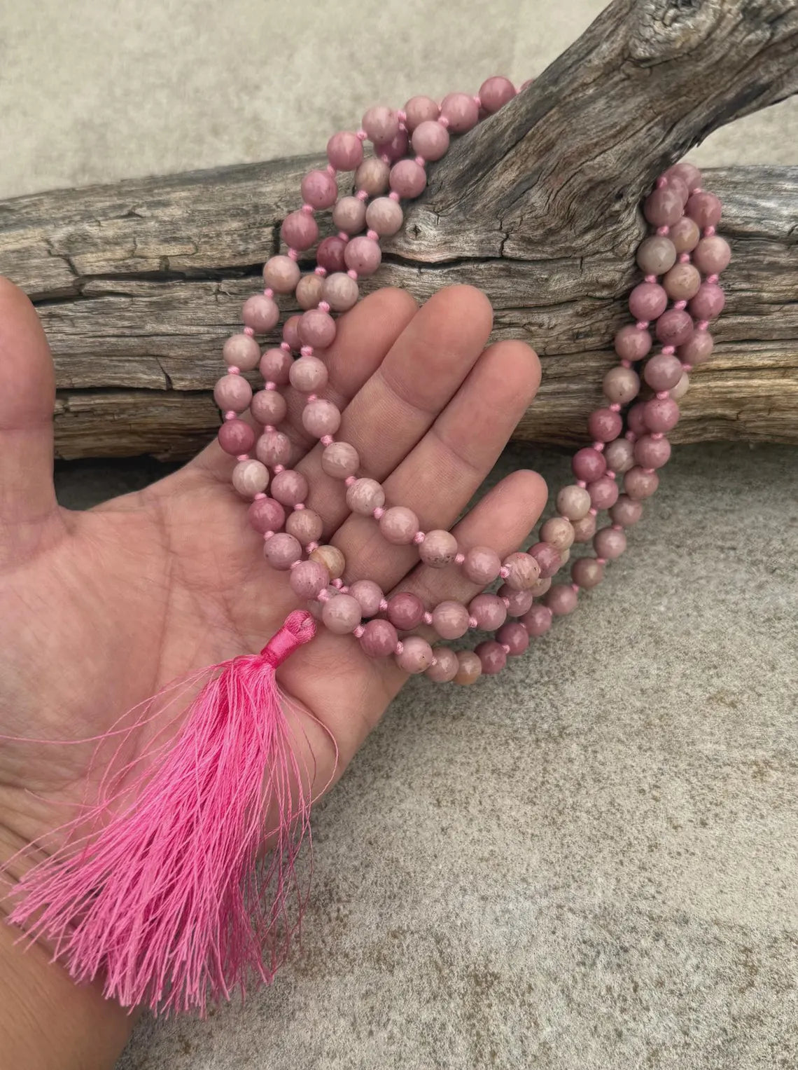 Rhodonite 108 Bead Mala • Hand-Knotted Meditation Prayer Beads • Yoga Jewelry • Spiritual Healing Gemstone Necklace Gift - DharmaObjects