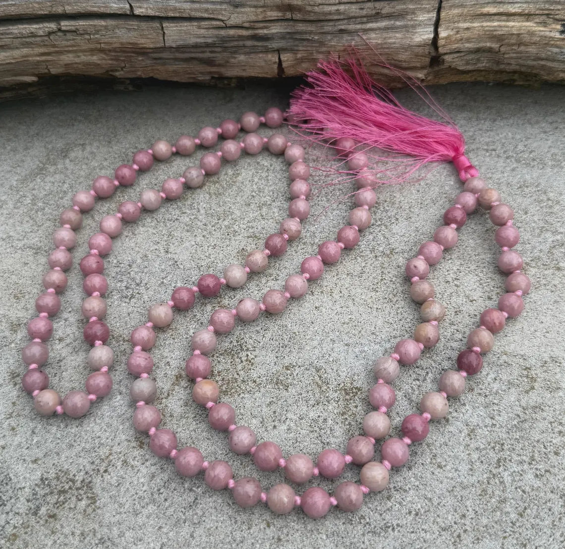Rhodonite 108 Bead Mala • Hand-Knotted Meditation Prayer Beads • Yoga Jewelry • Spiritual Healing Gemstone Necklace Gift - DharmaObjects