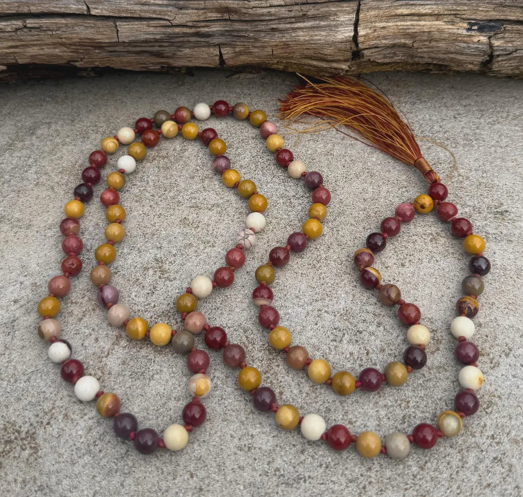 Mookaite Jasper 108 Bead Mala• Hand-Knotted Meditation Prayer Beads • Yoga Jewelry • Spiritual Healing Gemstone Necklace Gift - DharmaObjects