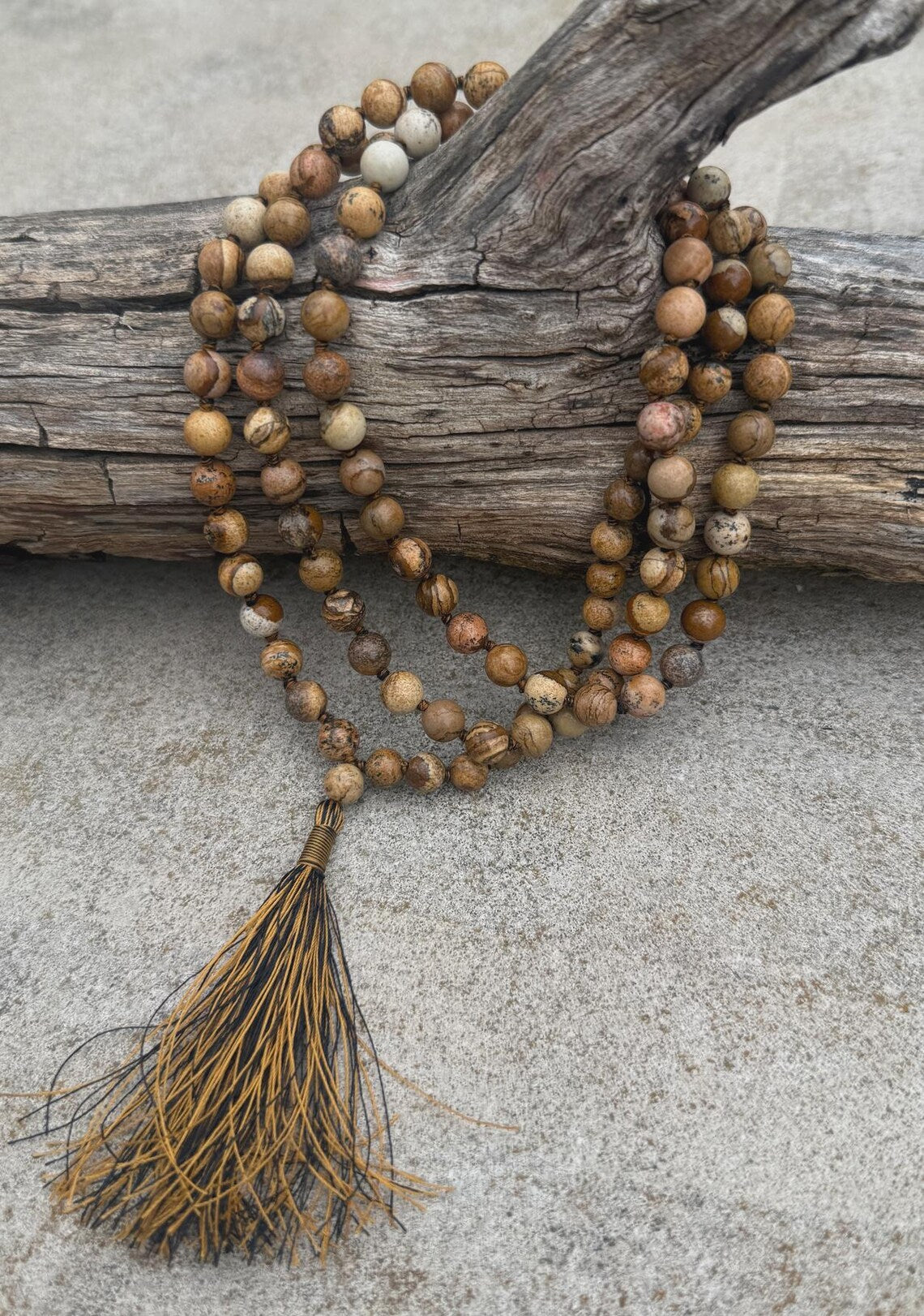 Picture Jasper 108 Bead Mala • Hand-Knotted Meditation Prayer Beads • Yoga Jewelry • Spiritual Healing Gemstone Necklace Gift - DharmaObjects