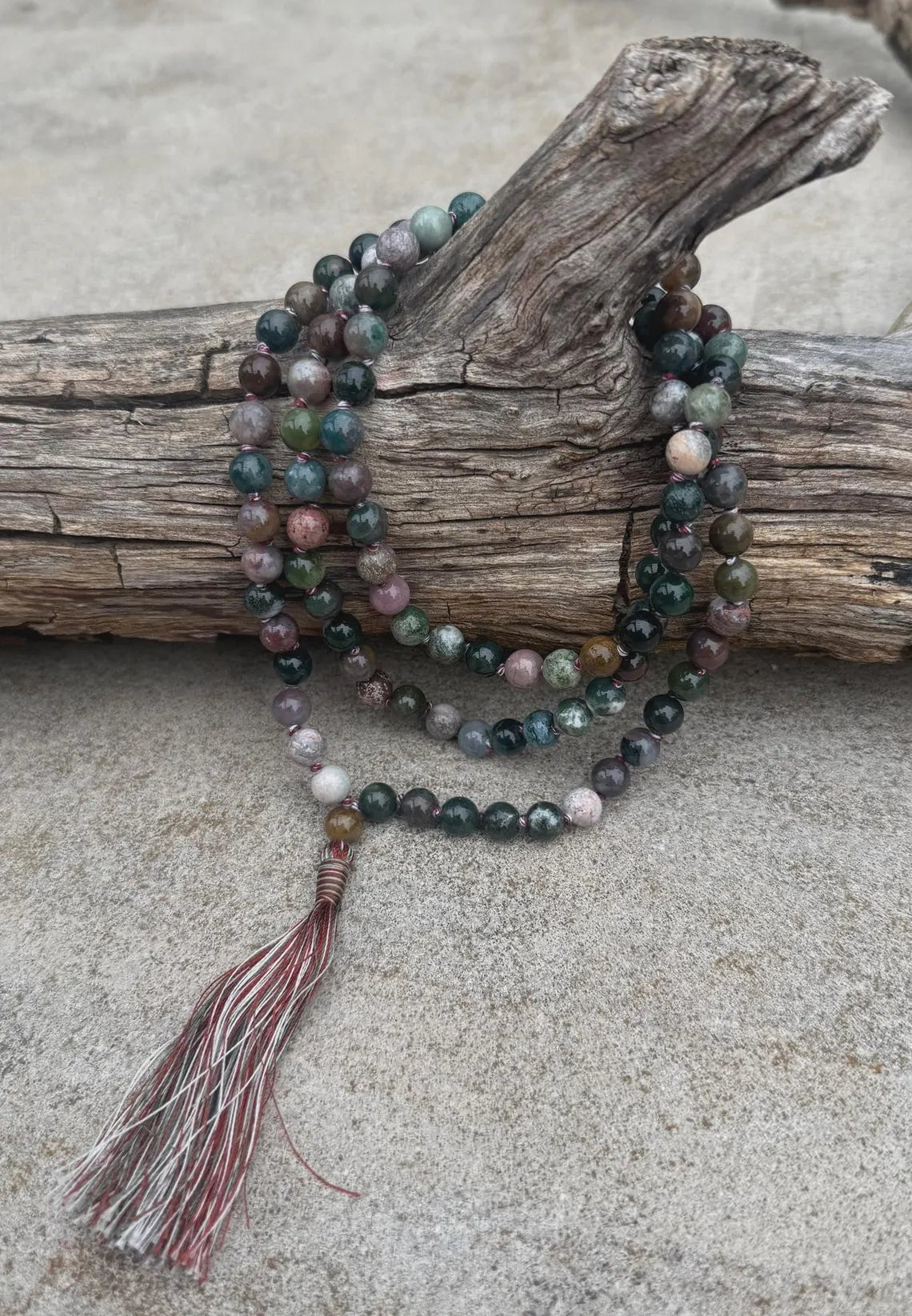 Indian Agate 108 Bead Mala • Hand-Knotted Meditation Prayer Beads • Yoga Jewelry • Spiritual Healing Gemstone Necklace Gift - DharmaObjects