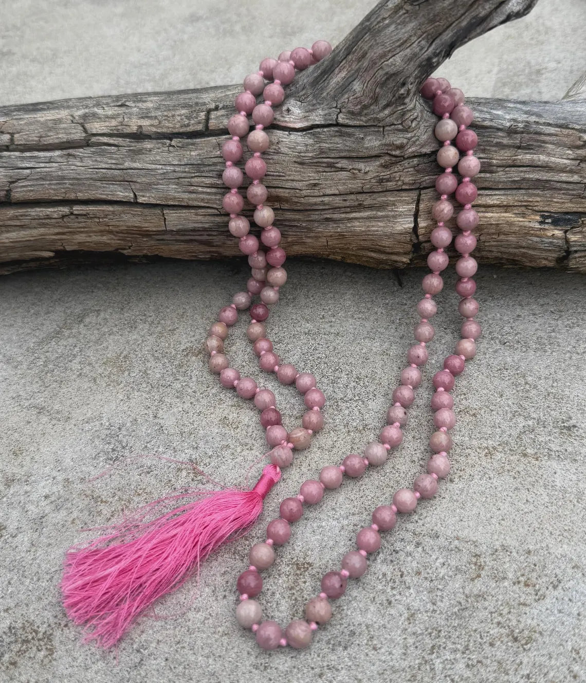 Rhodonite 108 Bead Mala • Hand-Knotted Meditation Prayer Beads • Yoga Jewelry • Spiritual Healing Gemstone Necklace Gift - DharmaObjects