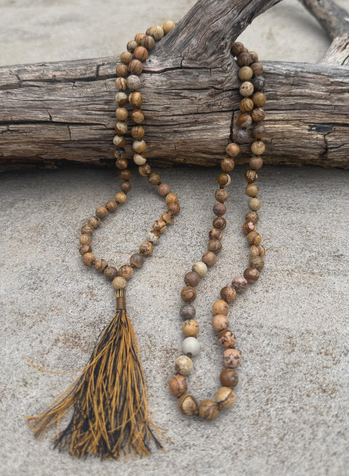 Picture Jasper 108 Bead Mala • Hand-Knotted Meditation Prayer Beads • Yoga Jewelry • Spiritual Healing Gemstone Necklace Gift - DharmaObjects