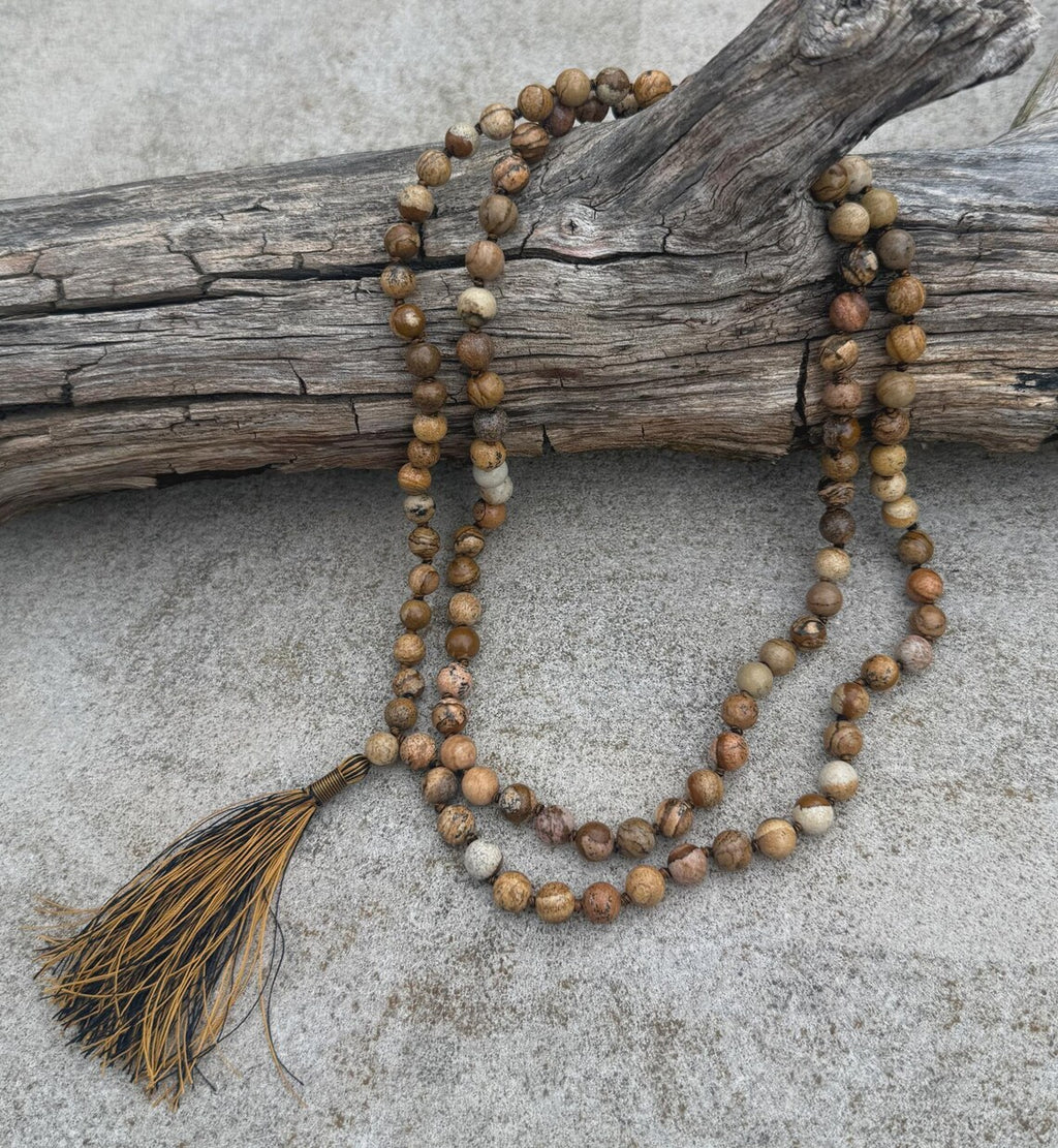 Picture Jasper 108 Bead Mala • Hand-Knotted Meditation Prayer Beads • Yoga Jewelry • Spiritual Healing Gemstone Necklace Gift - DharmaObjects