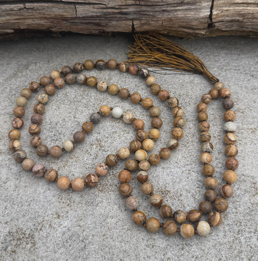 Picture Jasper 108 Bead Mala • Hand-Knotted Meditation Prayer Beads • Yoga Jewelry • Spiritual Healing Gemstone Necklace Gift - DharmaObjects