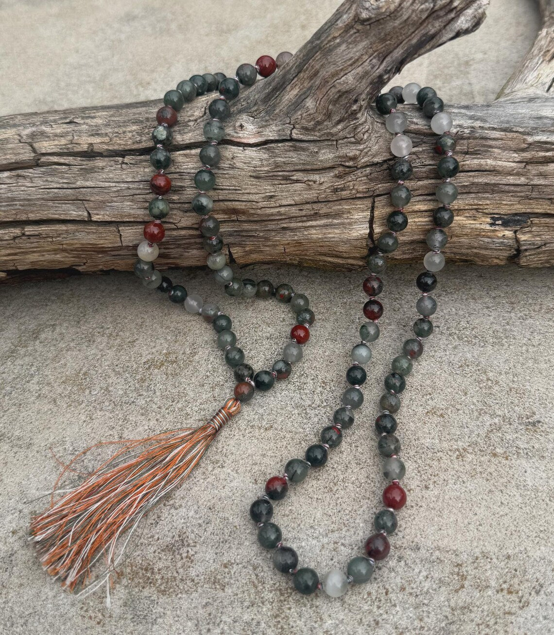 Bloodstone 108 Bead Mala • Hand-Knotted Meditation Prayer Beads • Yoga Jewelry • Spiritual Healing Gemstone Necklace Gift - DharmaObjects