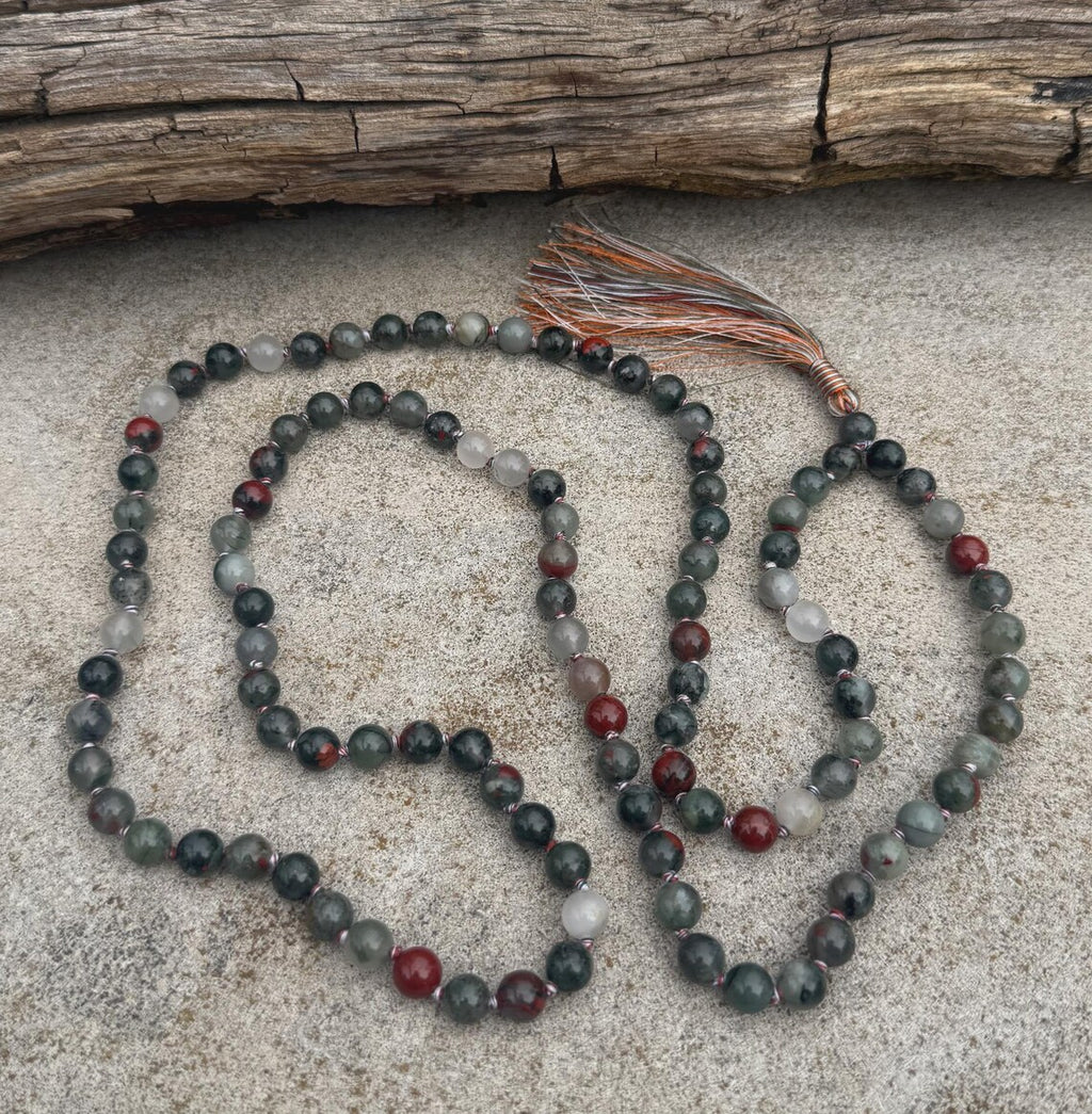 Bloodstone 108 Bead Mala • Hand-Knotted Meditation Prayer Beads • Yoga Jewelry • Spiritual Healing Gemstone Necklace Gift - DharmaObjects