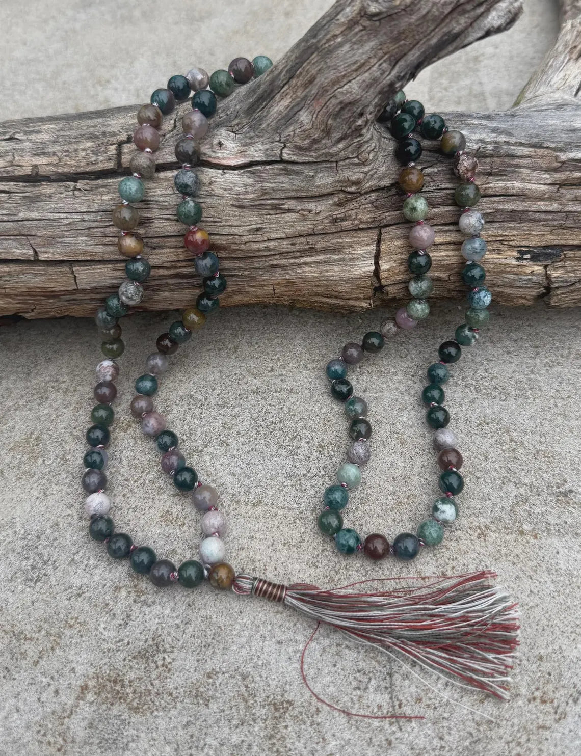 Indian Agate 108 Bead Mala • Hand-Knotted Meditation Prayer Beads • Yoga Jewelry • Spiritual Healing Gemstone Necklace Gift - DharmaObjects