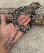 Indian Agate 108 Bead Mala • Hand-Knotted Meditation Prayer Beads • Yoga Jewelry • Spiritual Healing Gemstone Necklace Gift - DharmaObjects