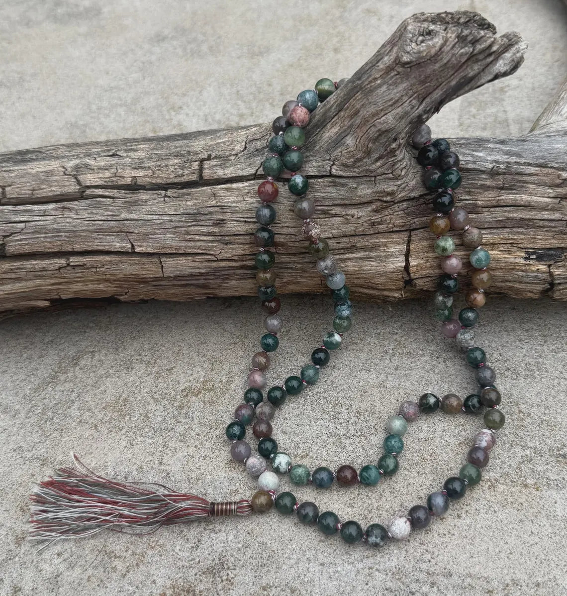 Indian Agate 108 Bead Mala • Hand-Knotted Meditation Prayer Beads • Yoga Jewelry • Spiritual Healing Gemstone Necklace Gift - DharmaObjects