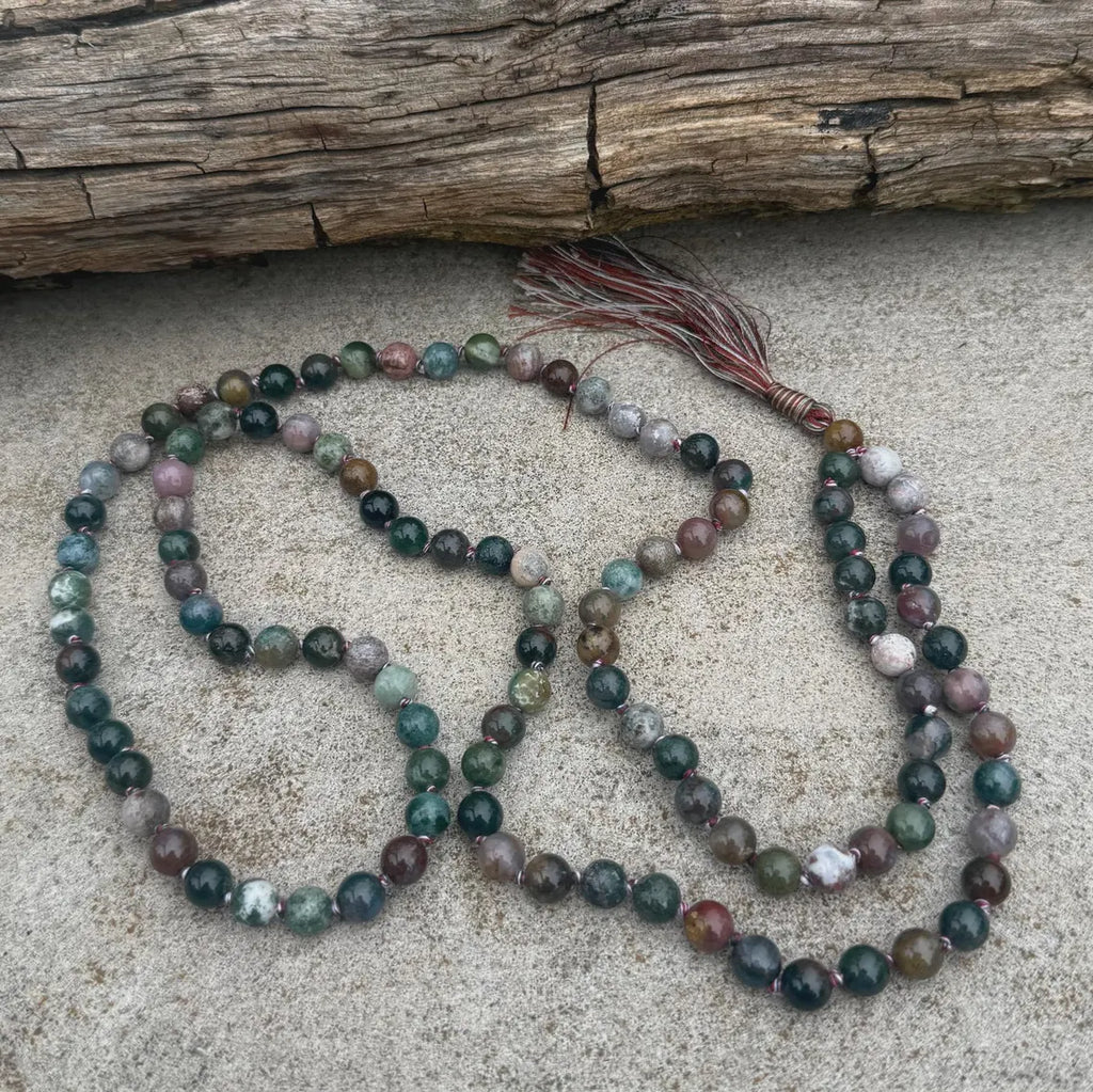 Indian Agate 108 Bead Mala • Hand-Knotted Meditation Prayer Beads • Yoga Jewelry • Spiritual Healing Gemstone Necklace Gift - DharmaObjects
