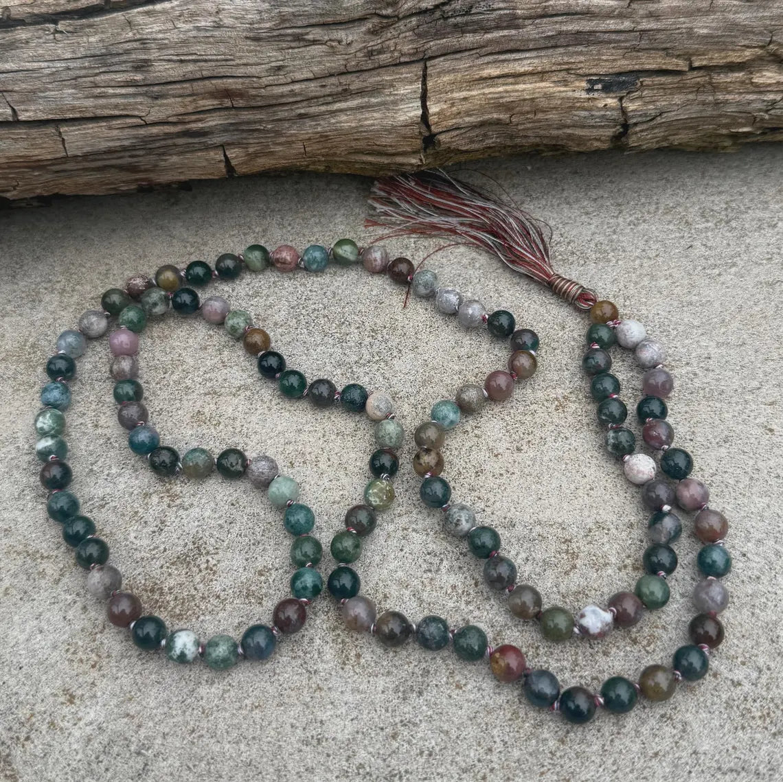 Indian Agate 108 Bead Mala • Hand-Knotted Meditation Prayer Beads • Yoga Jewelry • Spiritual Healing Gemstone Necklace Gift - DharmaObjects
