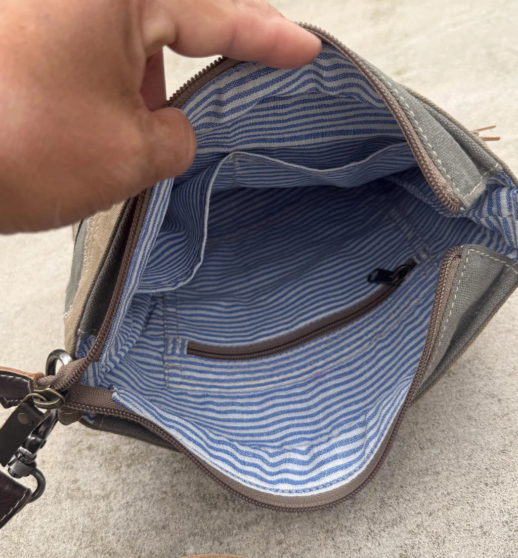 Vintage Military Tent Crossbody Bag – Durable, Eco-Conscious, with Leather Accents & Stainless Steel Hardware - DharmaObjects