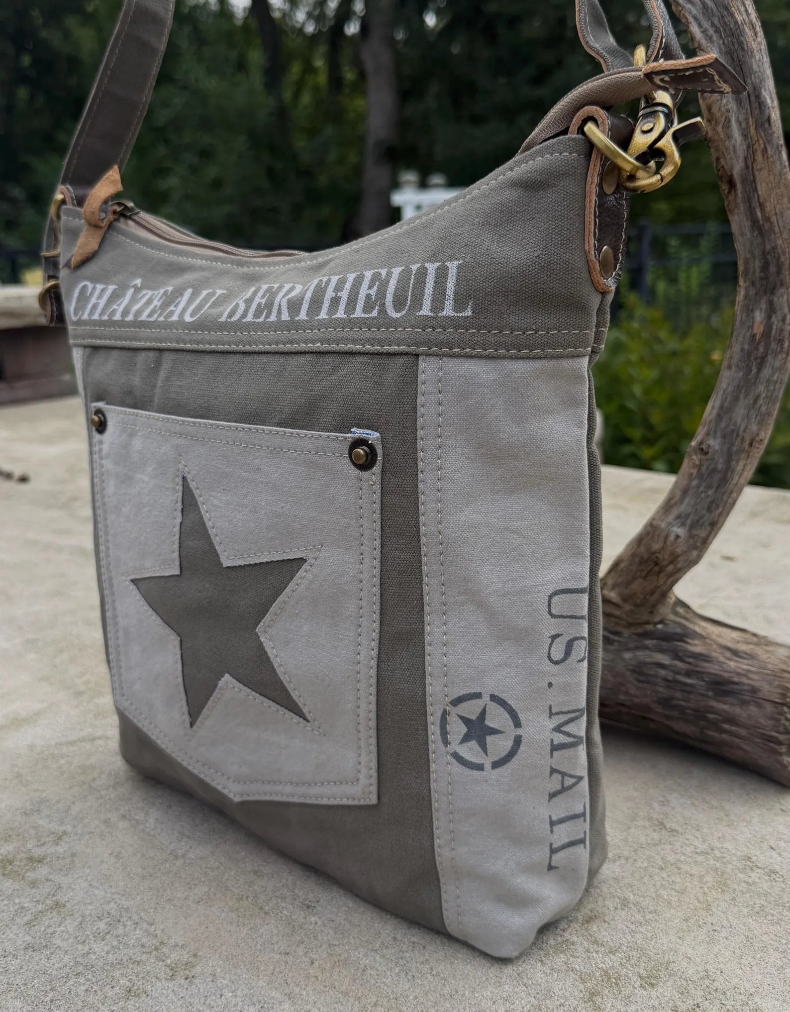Star Crossbody Upcycled Military Canvas Bag - DharmaObjects