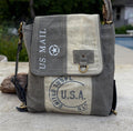 Upcycled Military Tent Crossbody Messenger Bag: Leather & Brass Accents - DharmaObjects