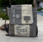 Upcycled Military Tent Crossbody Messenger Bag: Leather & Brass Accents - DharmaObjects