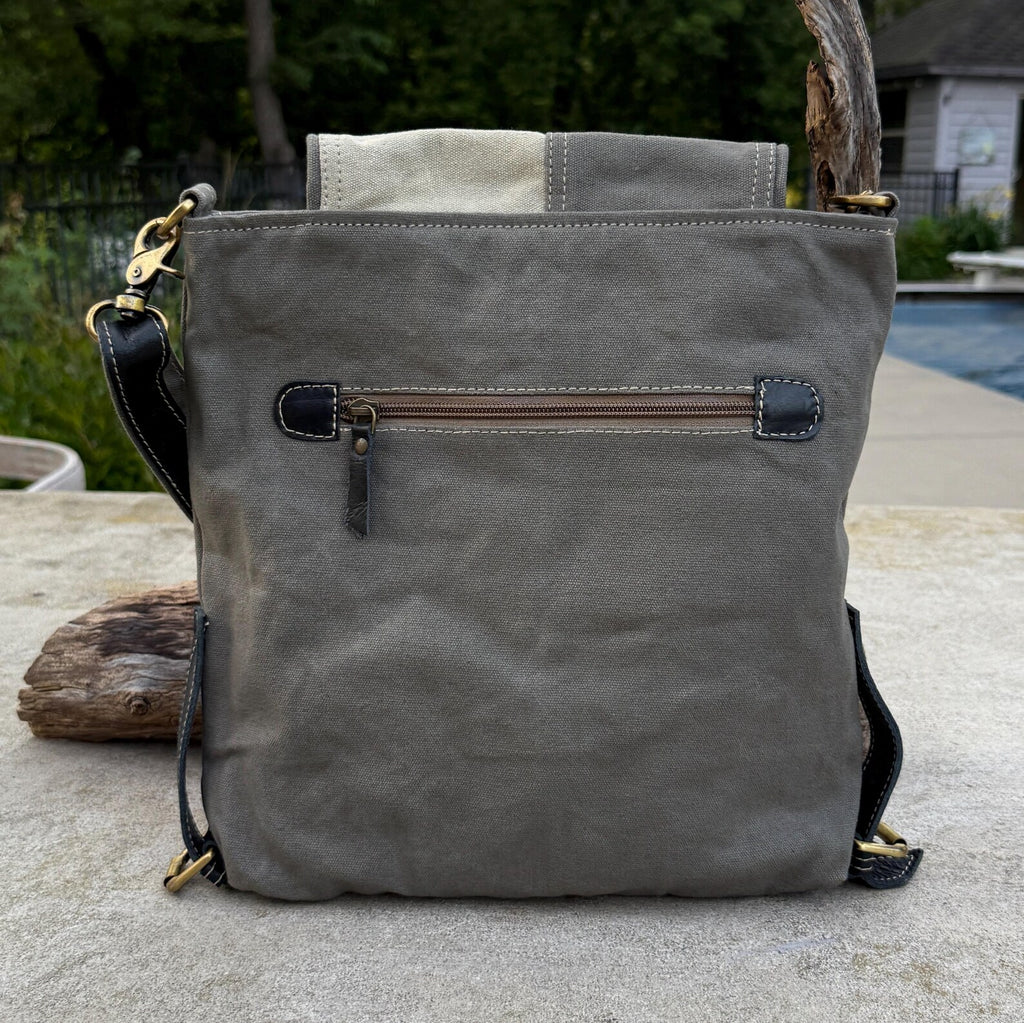 Upcycled Military Tent Crossbody Messenger Bag: Leather & Brass Accents - DharmaObjects