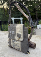 Upcycled Military Tent Crossbody Messenger Bag: Leather & Brass Accents - DharmaObjects