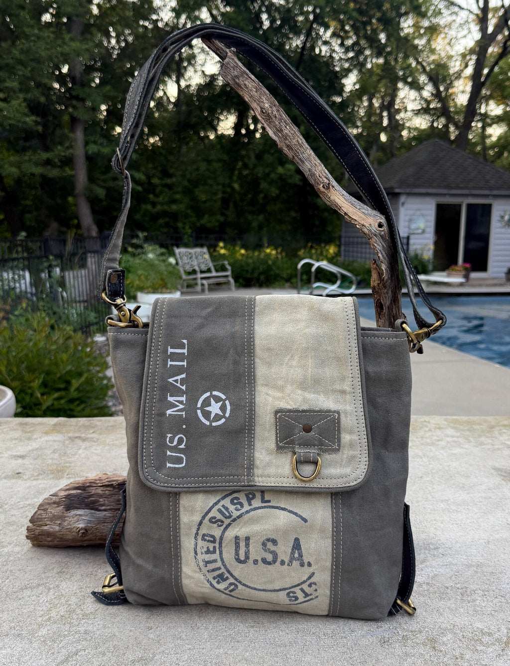Upcycled Military Tent Crossbody Messenger Bag: Leather & Brass Accents - DharmaObjects