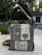 Upcycled Military Tent Crossbody Messenger Bag: Leather & Brass Accents - DharmaObjects