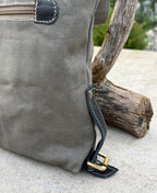 Upcycled Military Tent Crossbody Messenger Bag: Leather & Brass Accents - DharmaObjects