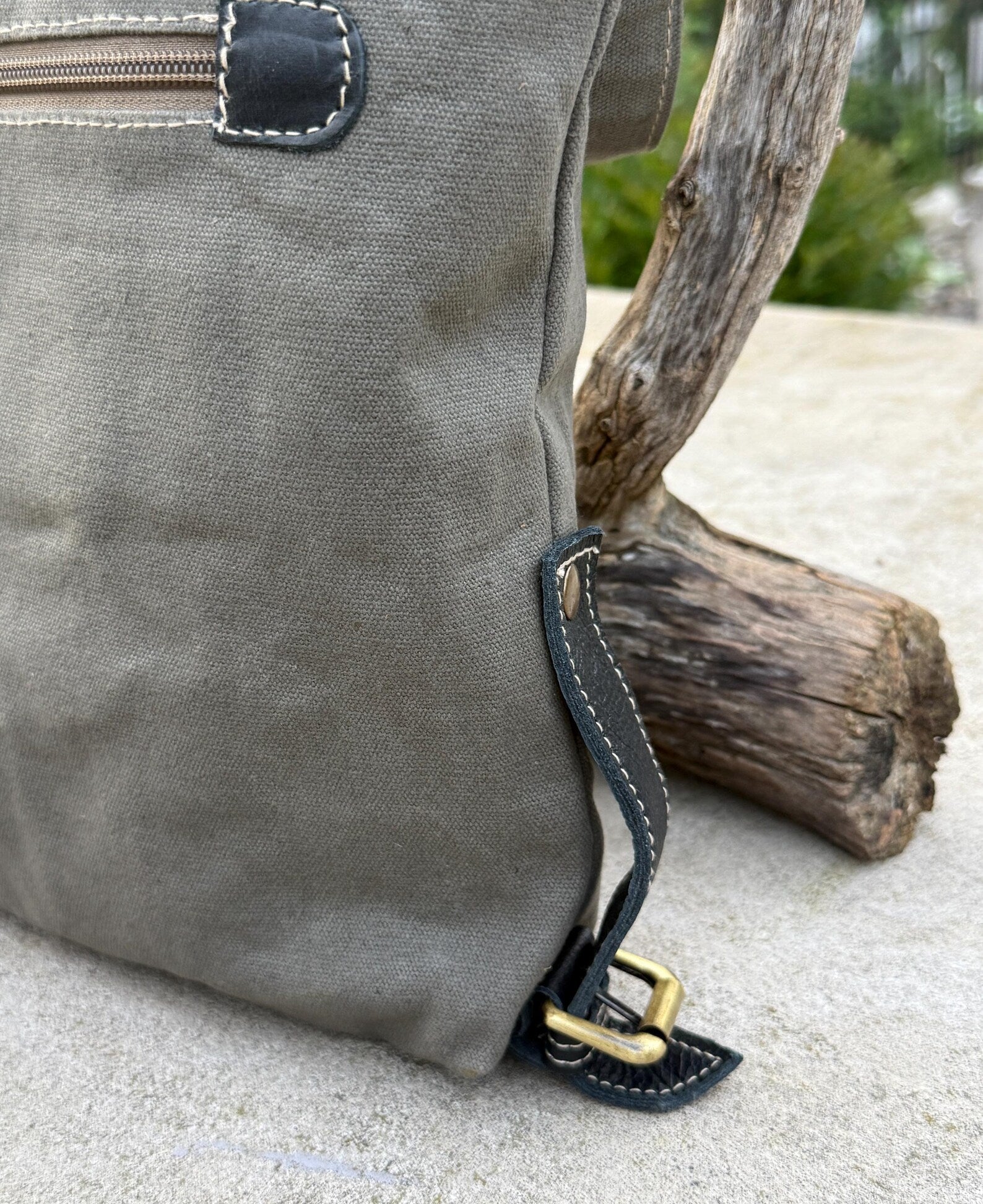 Upcycled Military Tent Crossbody Messenger Bag: Leather & Brass Accents - DharmaObjects