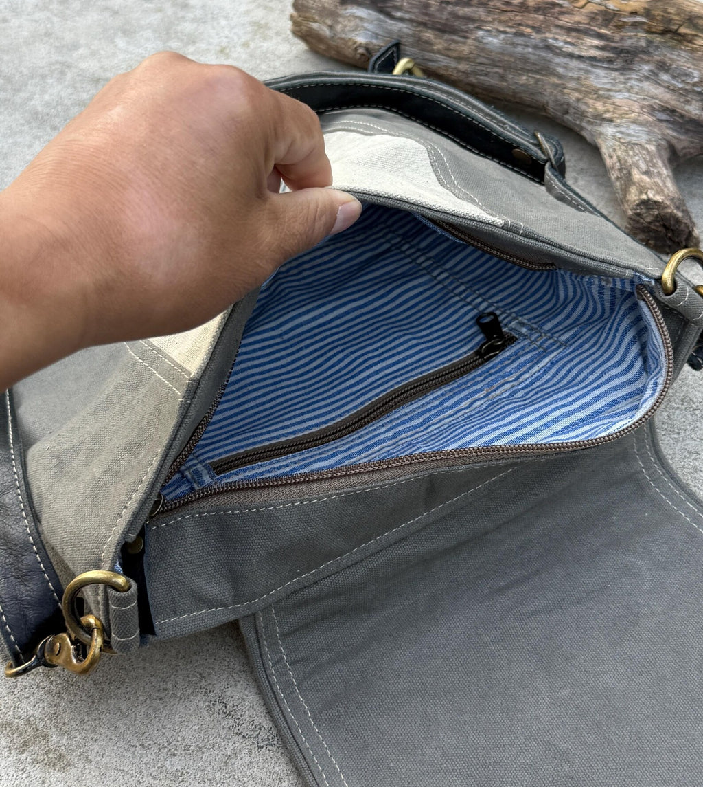 Upcycled Military Tent Crossbody Messenger Bag: Leather & Brass Accents - DharmaObjects