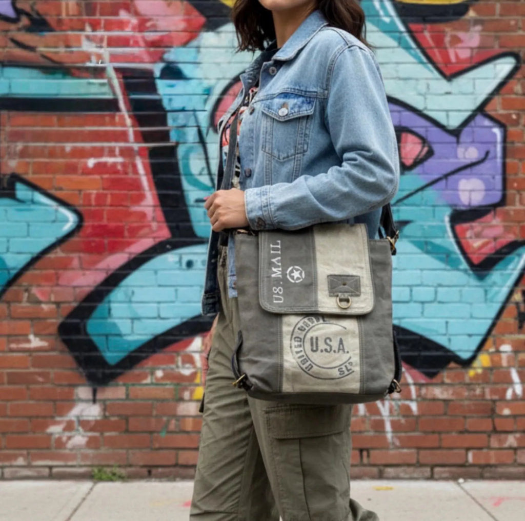 Upcycled Military Tent Crossbody Messenger Bag: Leather & Brass Accents - DharmaObjects