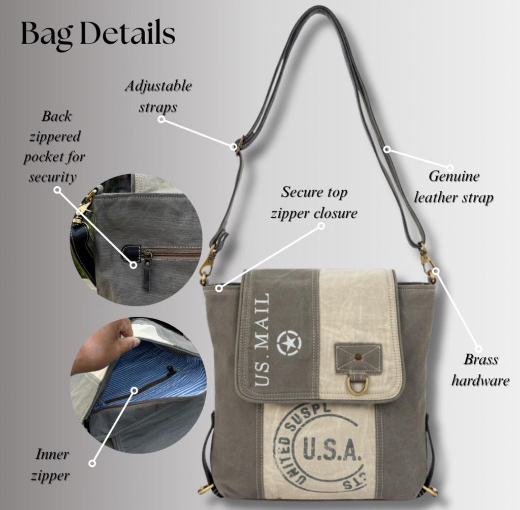 Upcycled Military Tent Crossbody Messenger Bag: Leather & Brass Accents - DharmaObjects