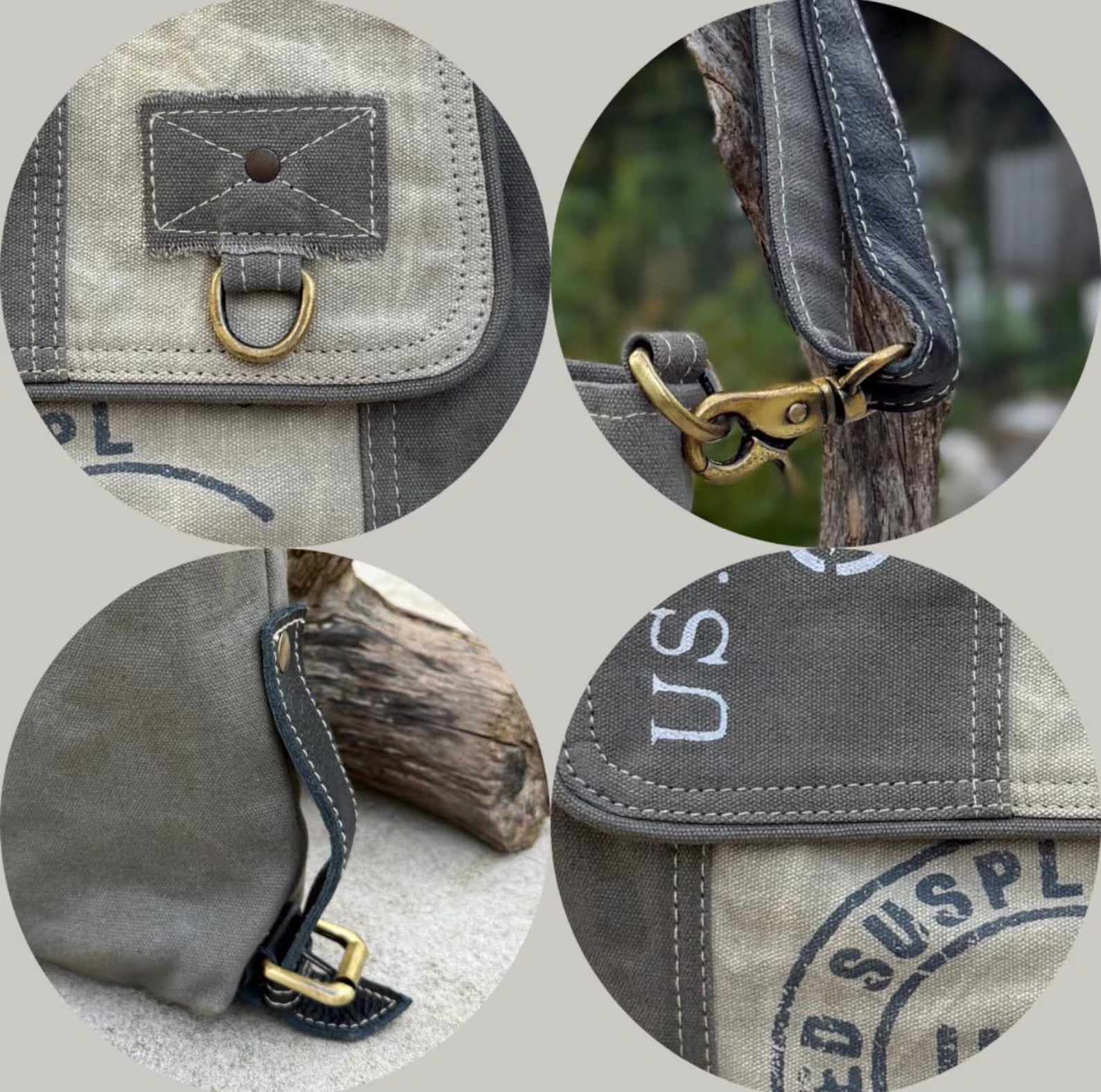Upcycled Military Tent Crossbody Messenger Bag: Leather & Brass Accents - DharmaObjects