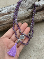 Amethyst Mala 108 Beads – Hand Knotted Tibetan Silver Guru Bead Meditation Prayer Necklace